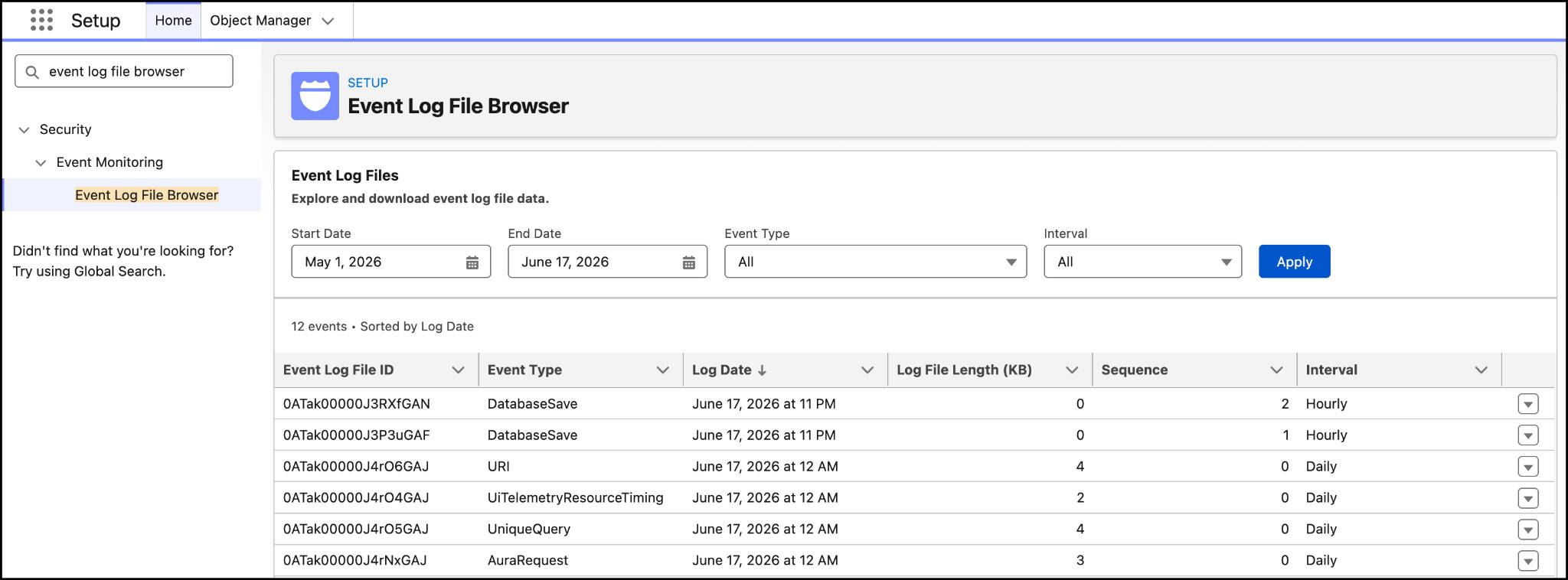 The Event Log File Browser dashboard that shows sample events for a designated time span.