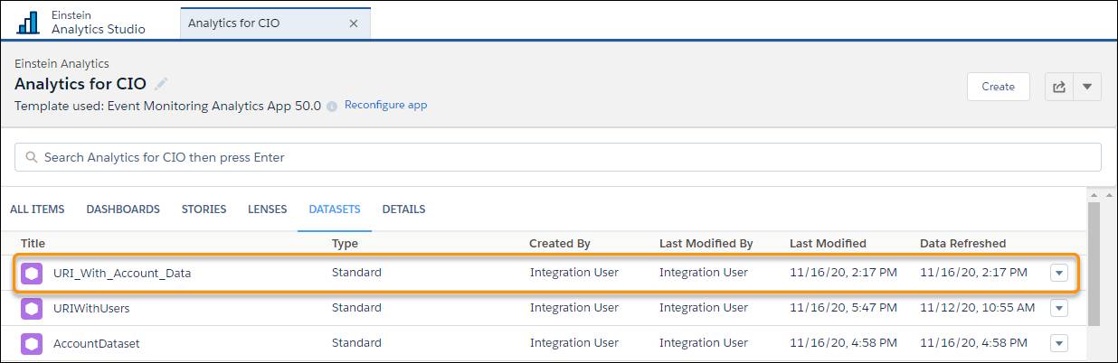 Dataset view page with URI_With_Account_Data highlighted