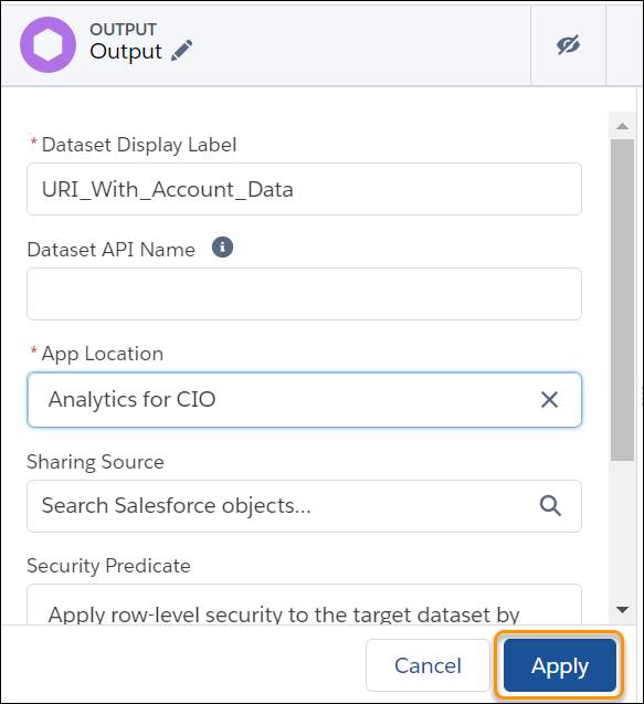 Output view page with Apply highlighted