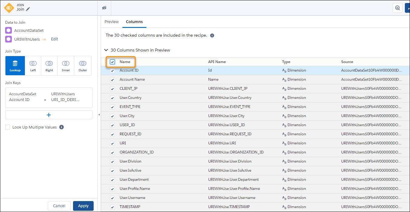 Columns view page with the Name column checked and highlighted