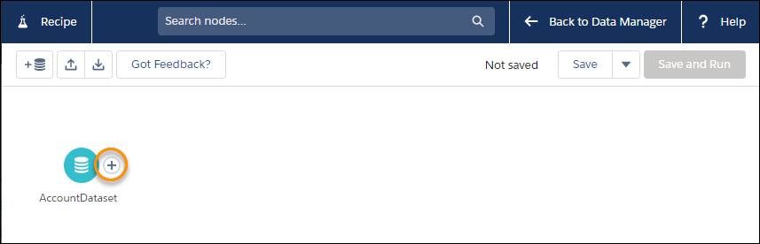 Recipe view page displaying the AccountDataset icon, with the plus sign function highlighted