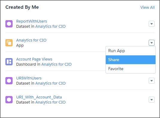 [共有] オプションが強調表示されている [Analytics for CIO (CIO 向け Analytics)] アプリケーションメニュー