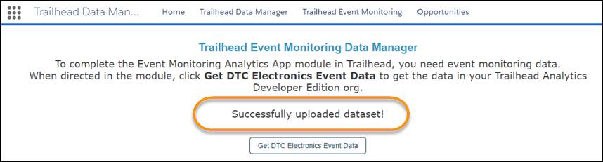 Trailhead Event Monitoring Data Manager page after data is uploaded successfully