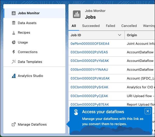 [Manage Dataflows (データフローを管理)] リンクの位置