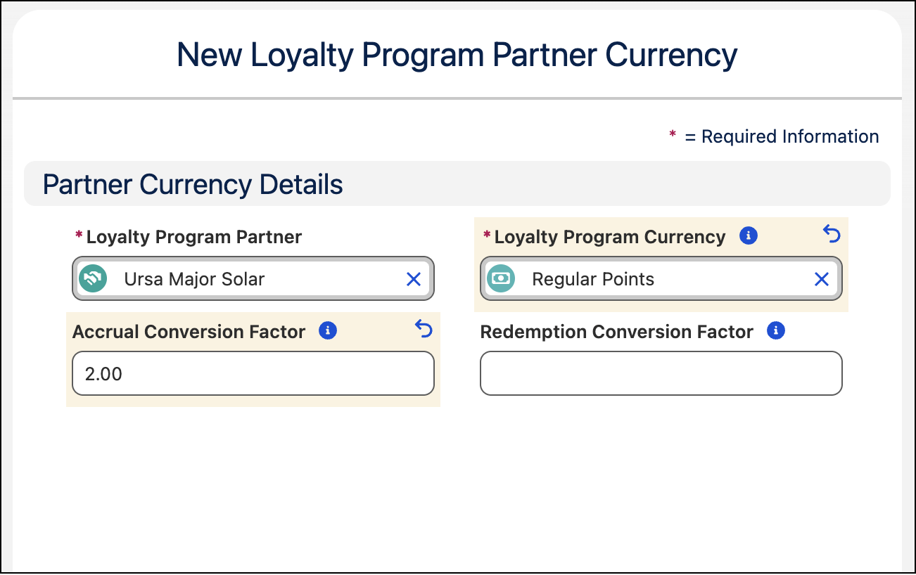 獲得または償還ポイントの換算係数を定義できる [New Loyalty Program Partner Currency (新しいロイヤルティプログラムパートナー通貨)] ウィンドウ。