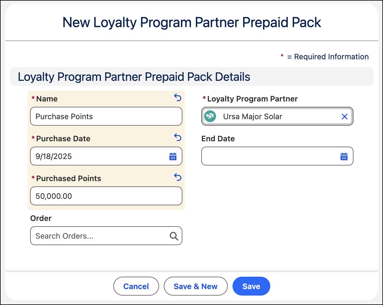 パートナーが購入したポイントを作成できる [New Loyalty Program Partner Prepaid Pack (新しいロイヤルティプログラムパートナー前払いパック)] ウィンドウ。