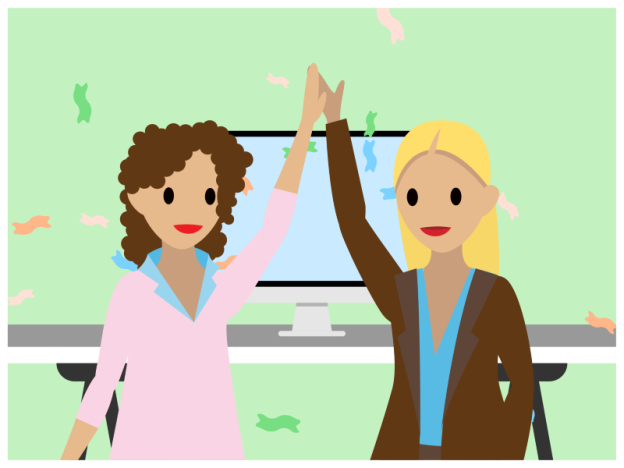 Erica and Linda high-fiving at their work desk as confetti falls around them.
