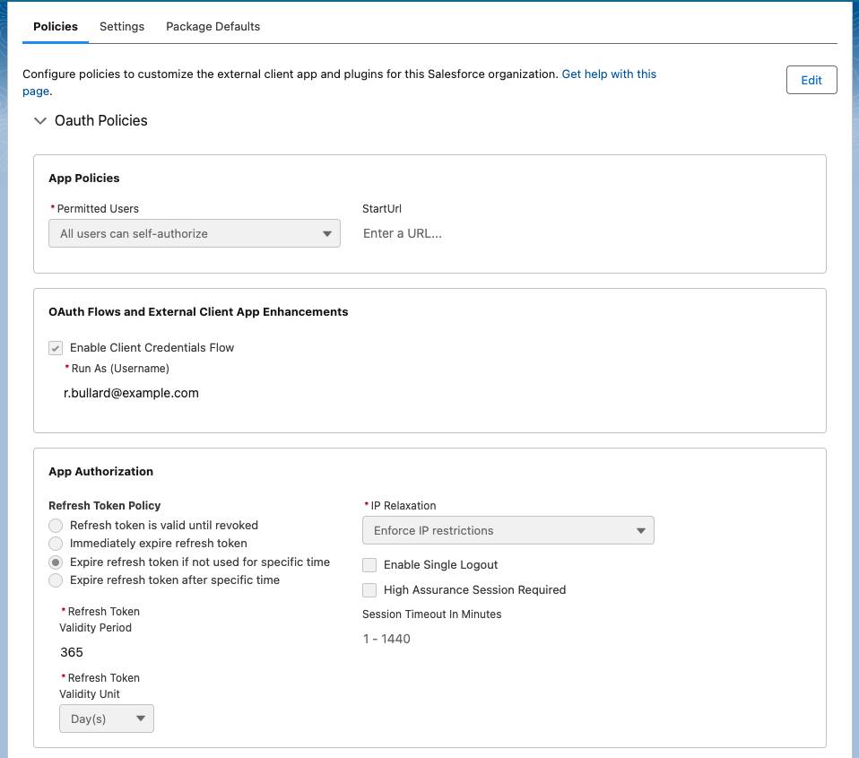 The External Client App Manager is open on the Policies tab with editable fields to configure the OAuth policies.