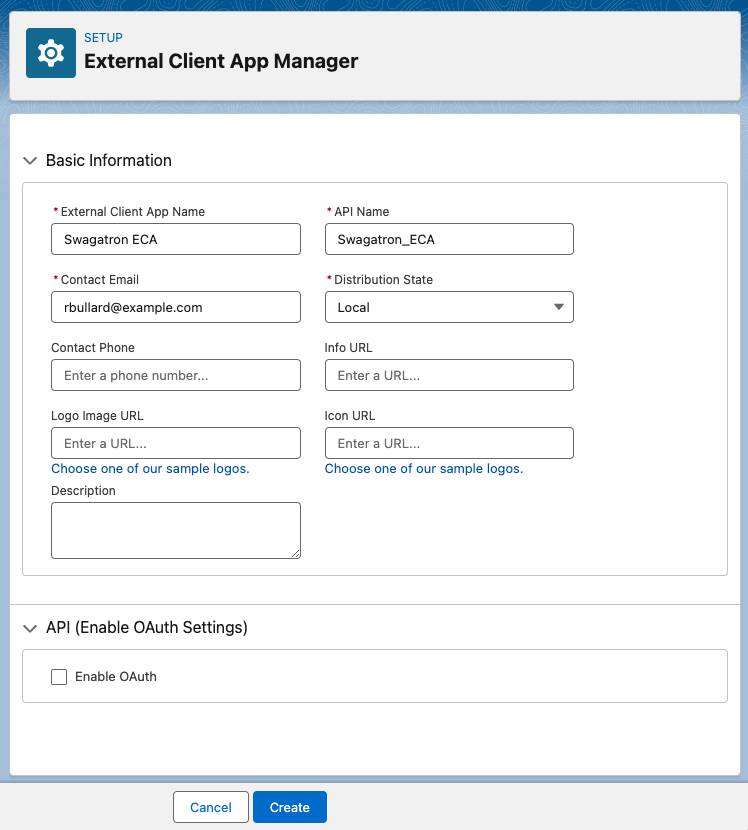 The External Client App Manager is open with editable fields to create an external client app.