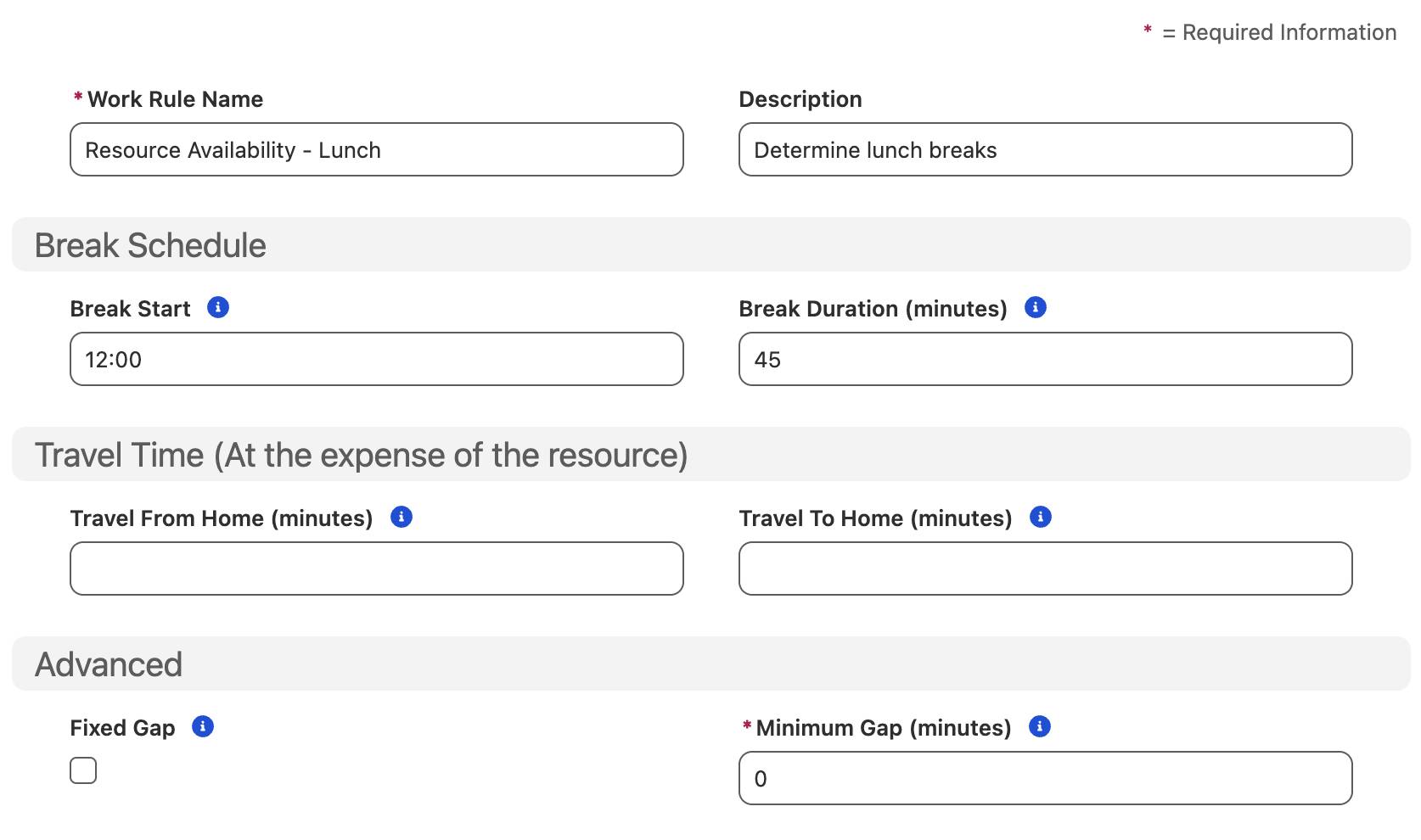 Work rule showing the values entered.