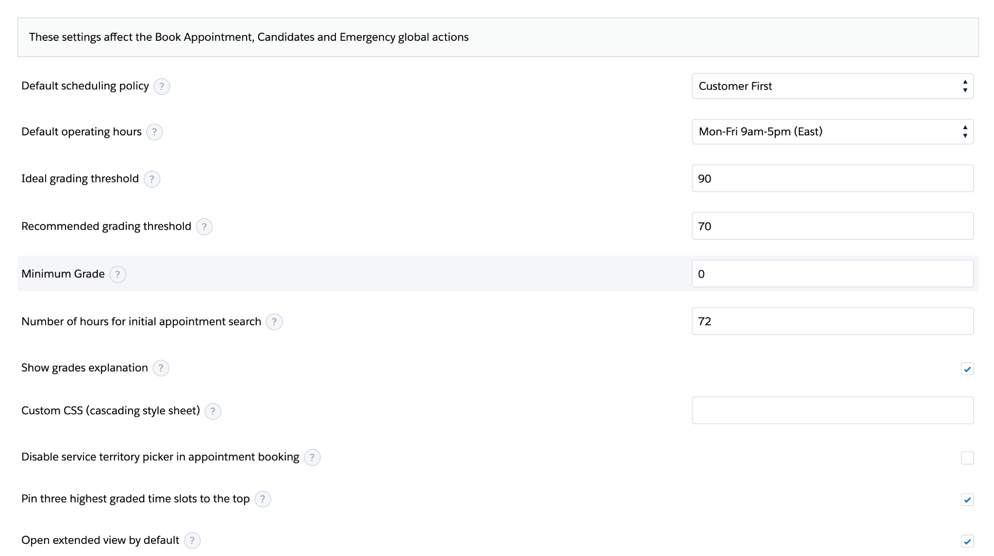 Appointment Booking tab showing the selected settings.