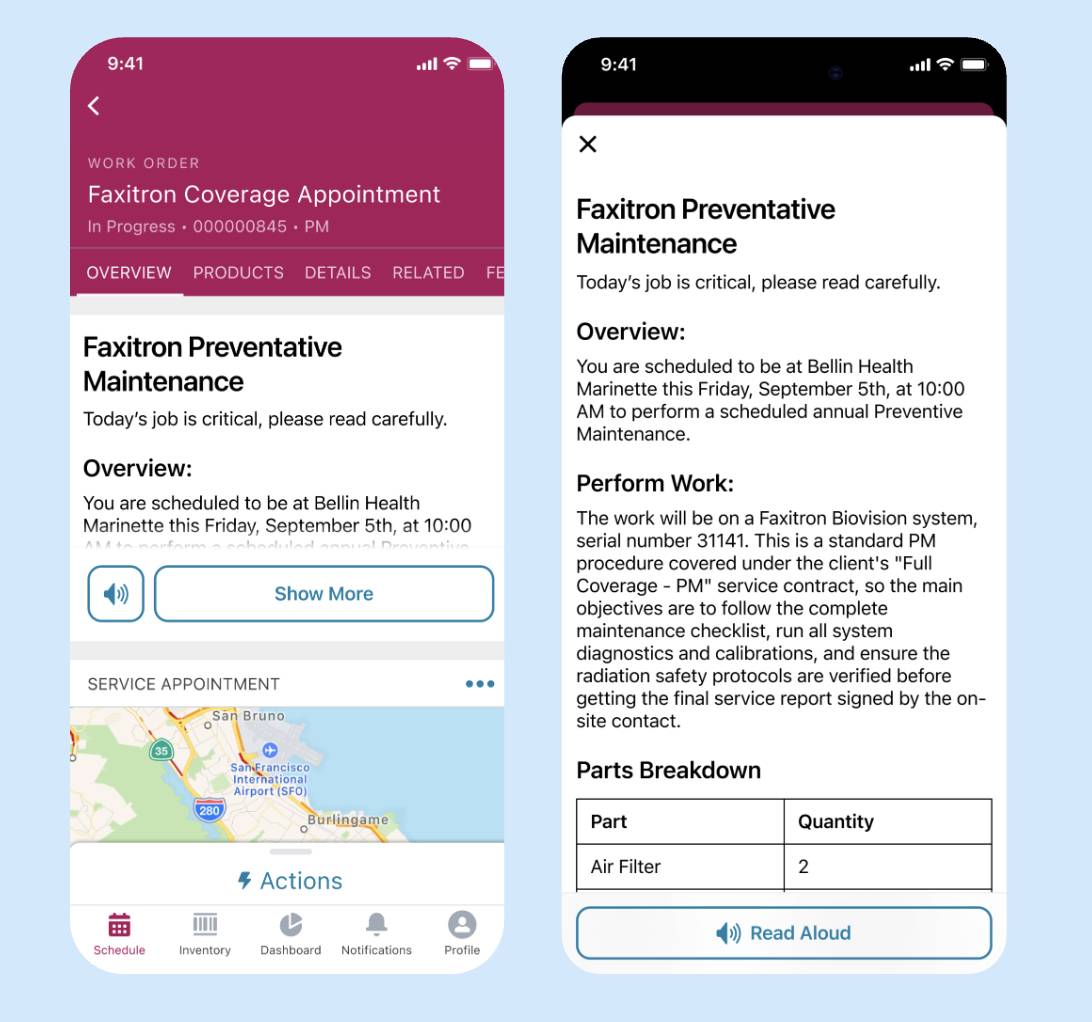 Work order summary and pre-work brief in the mobile app