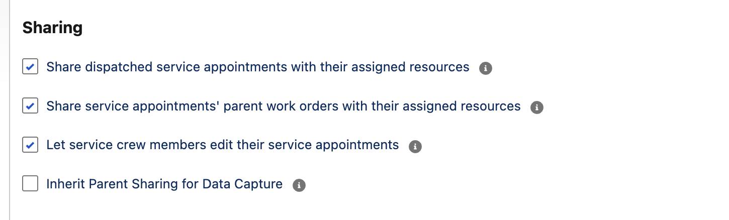 Field Service Setting pane with Enable notifications and Sharing settings selected.