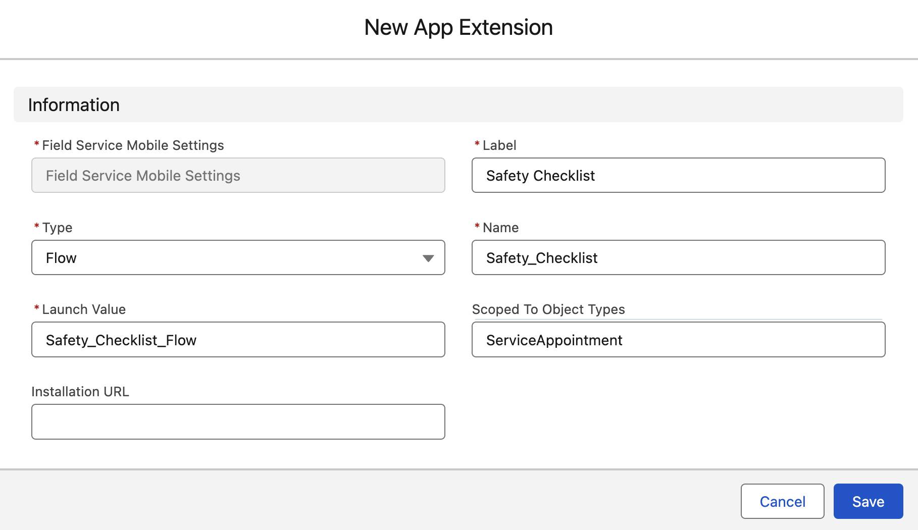 App Extension pane with the values filled in.