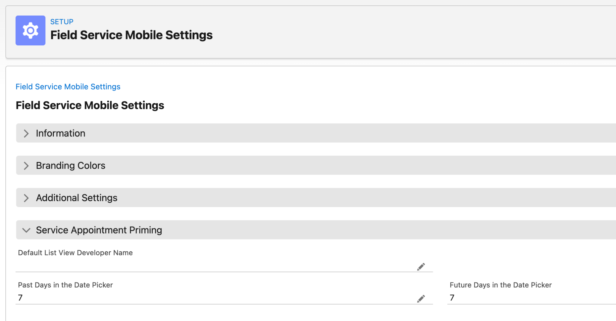 Field Service Mobile Settings page with offline priming set to 7 days before and after.