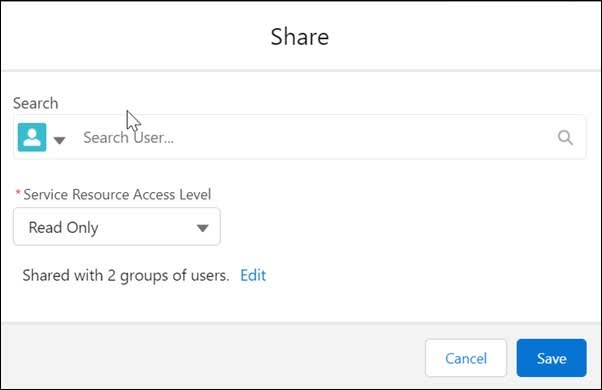 [Service Resource Access Level (サービスリソースのアクセスレベル)] 項目で [参照のみ] が選択されている [共有] ダイアログ。