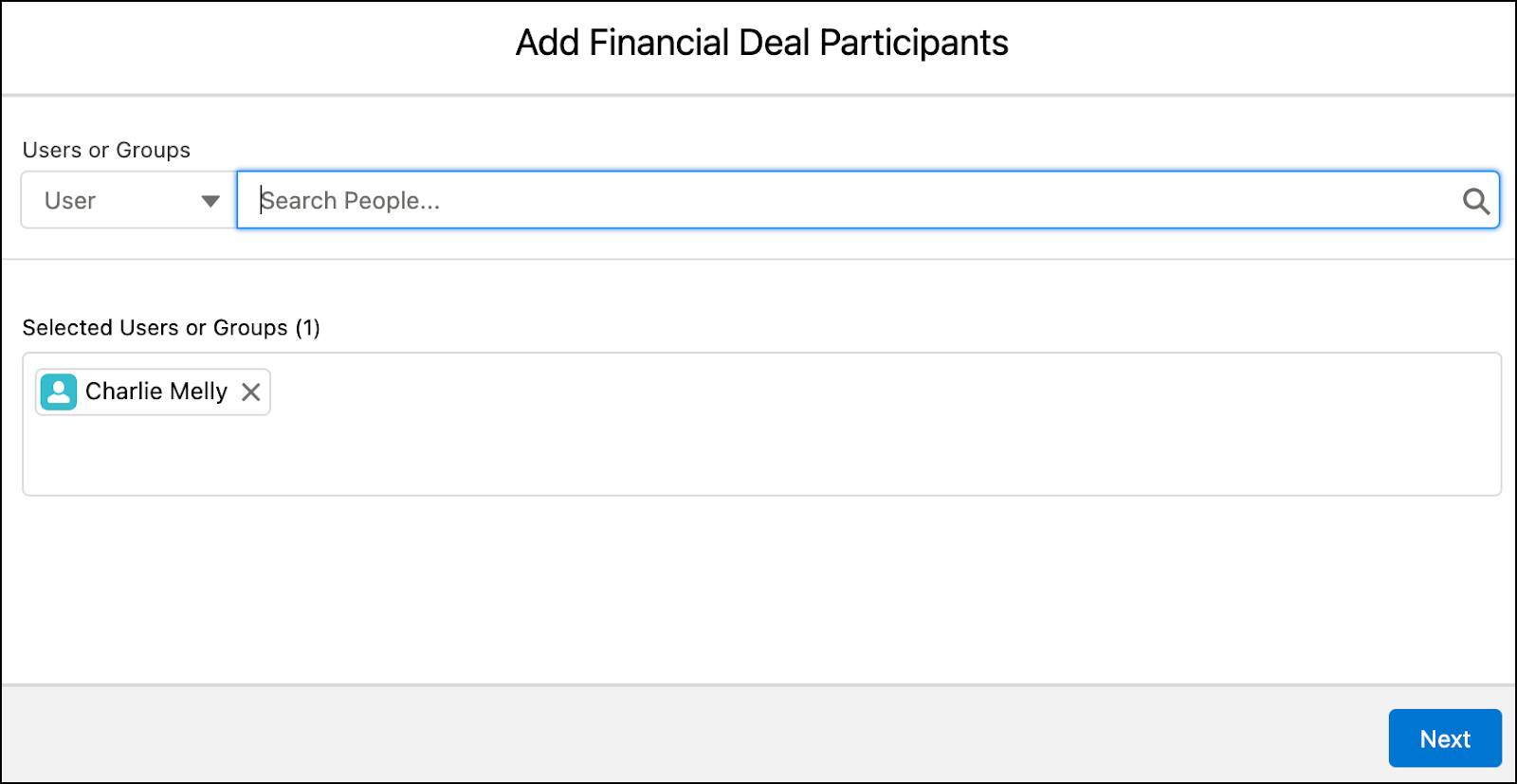 The Add Financial Deal Participants window with Charlie Melly added in the Selected Users or Groups section.