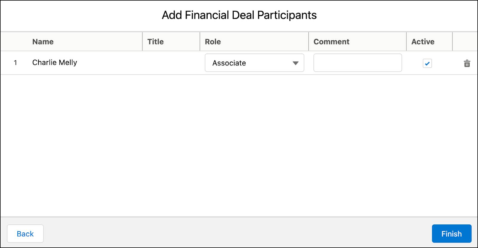 The Add Financial Deal Participants window with Charlie Melly’s role selected.