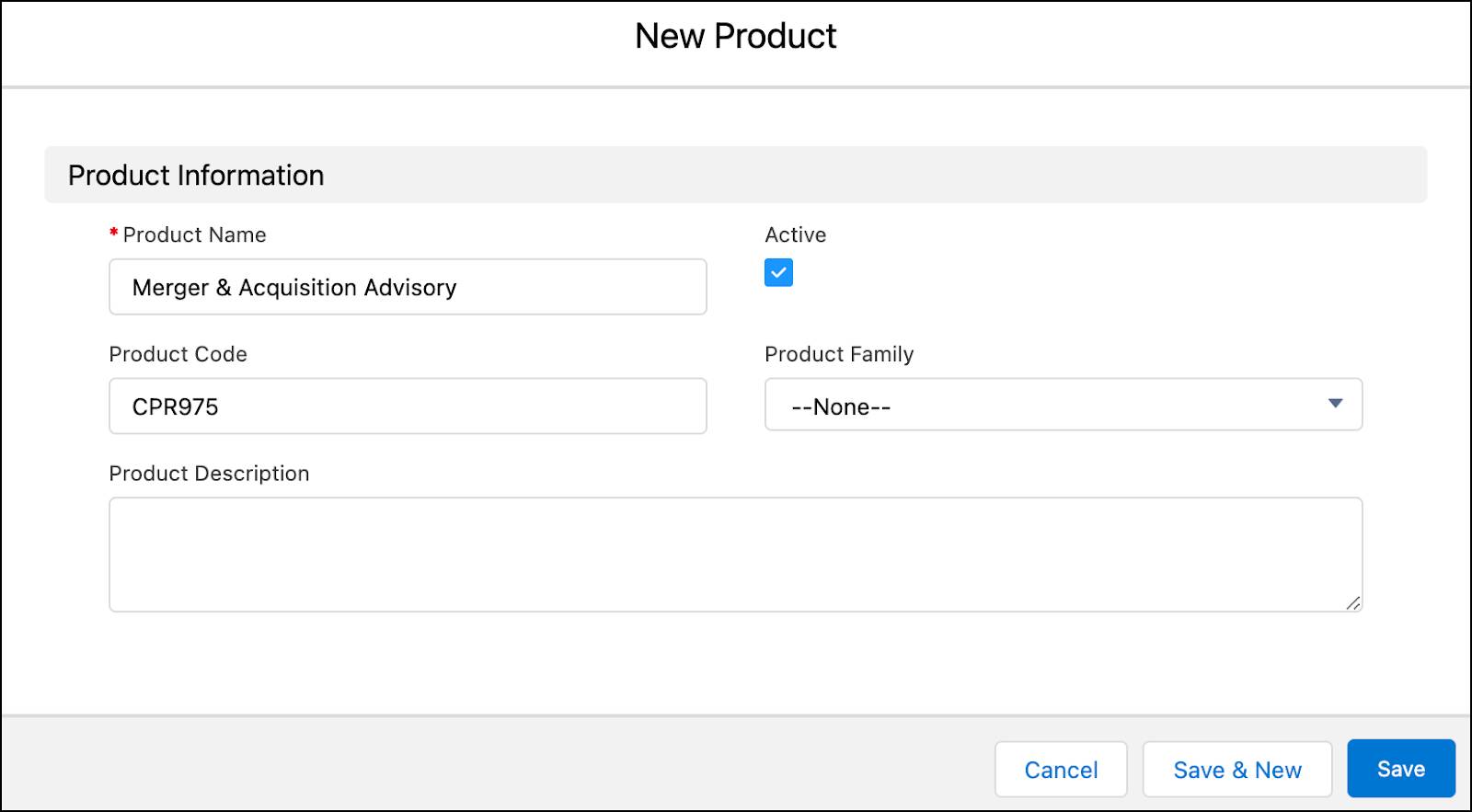 The New Product window.