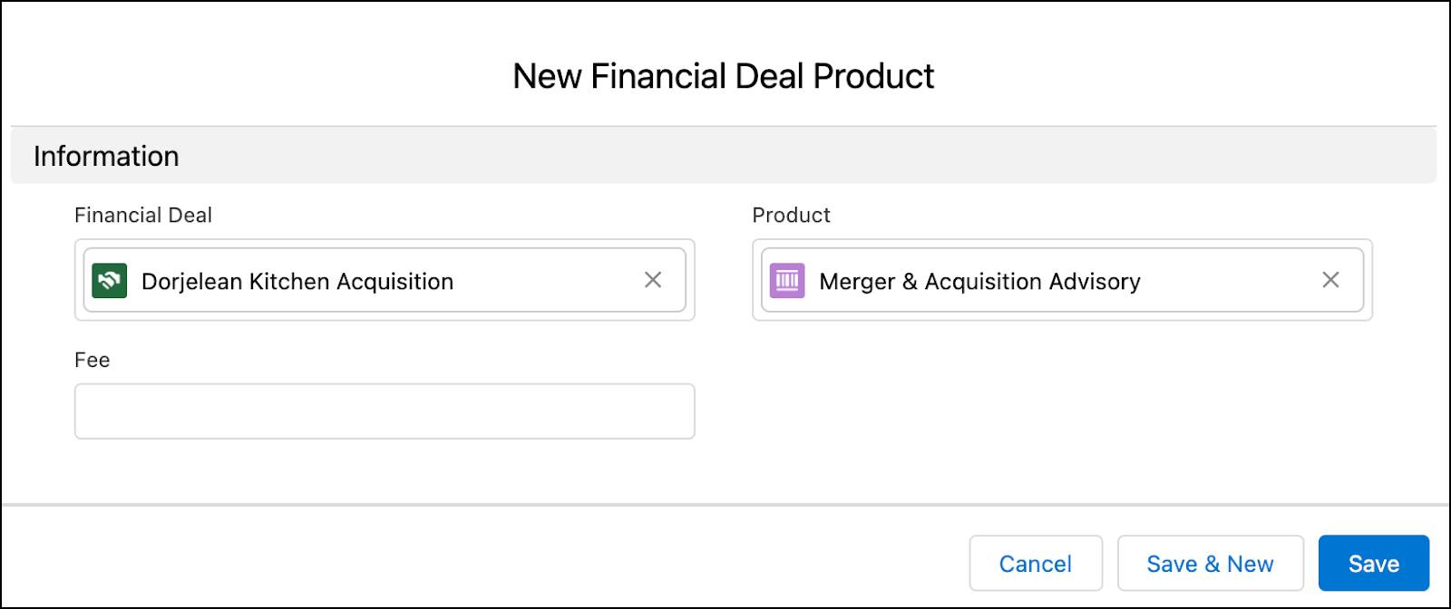 The New Financial Deal Product window.