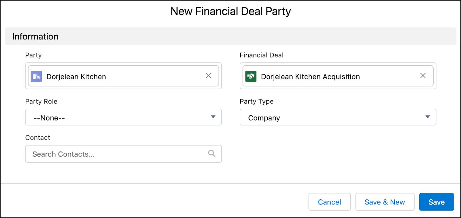 [New Financial Deal Party (新規金融取引当事者)] ウィンドウ。