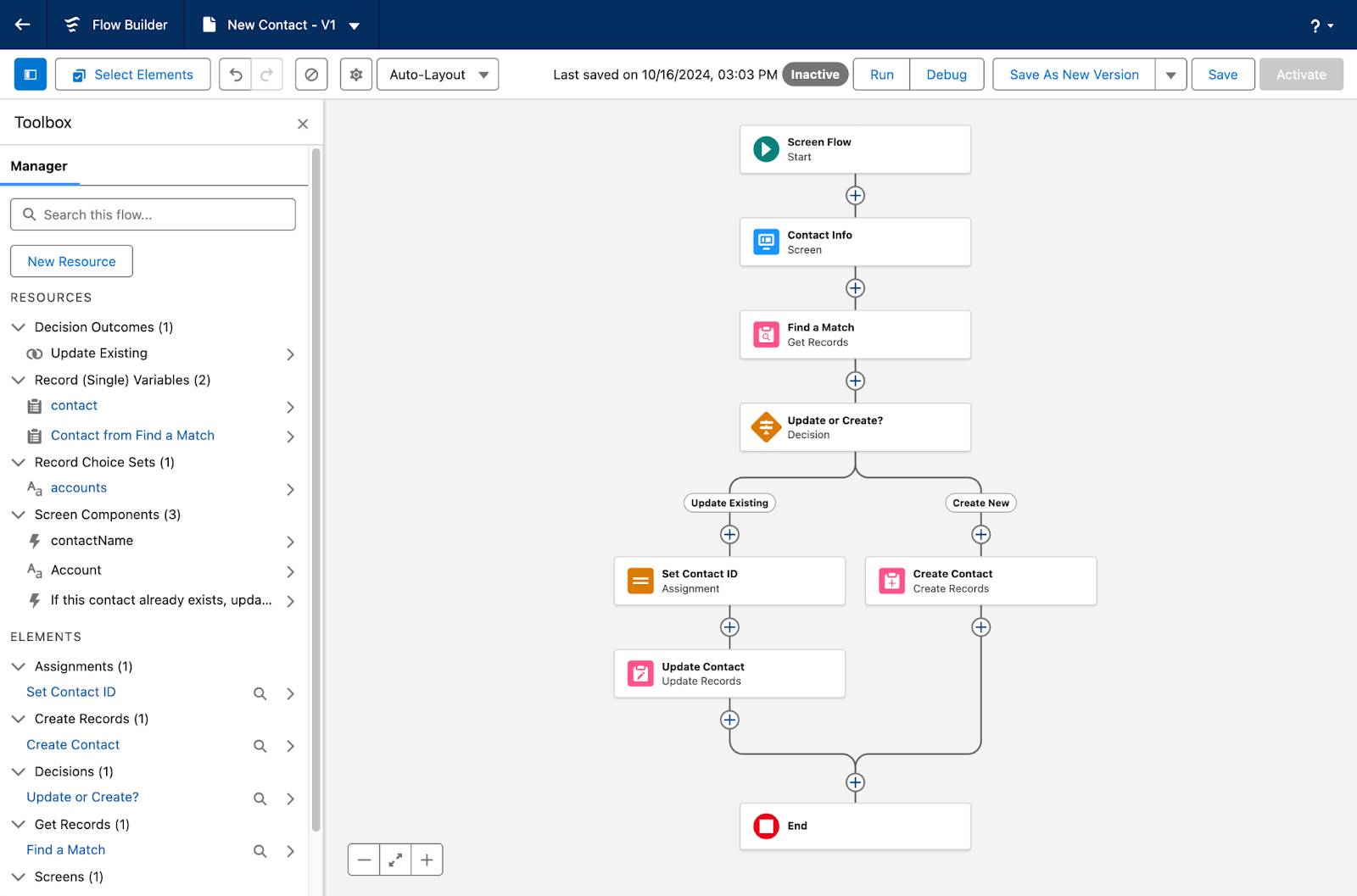 Flow Builder 中的示例流。