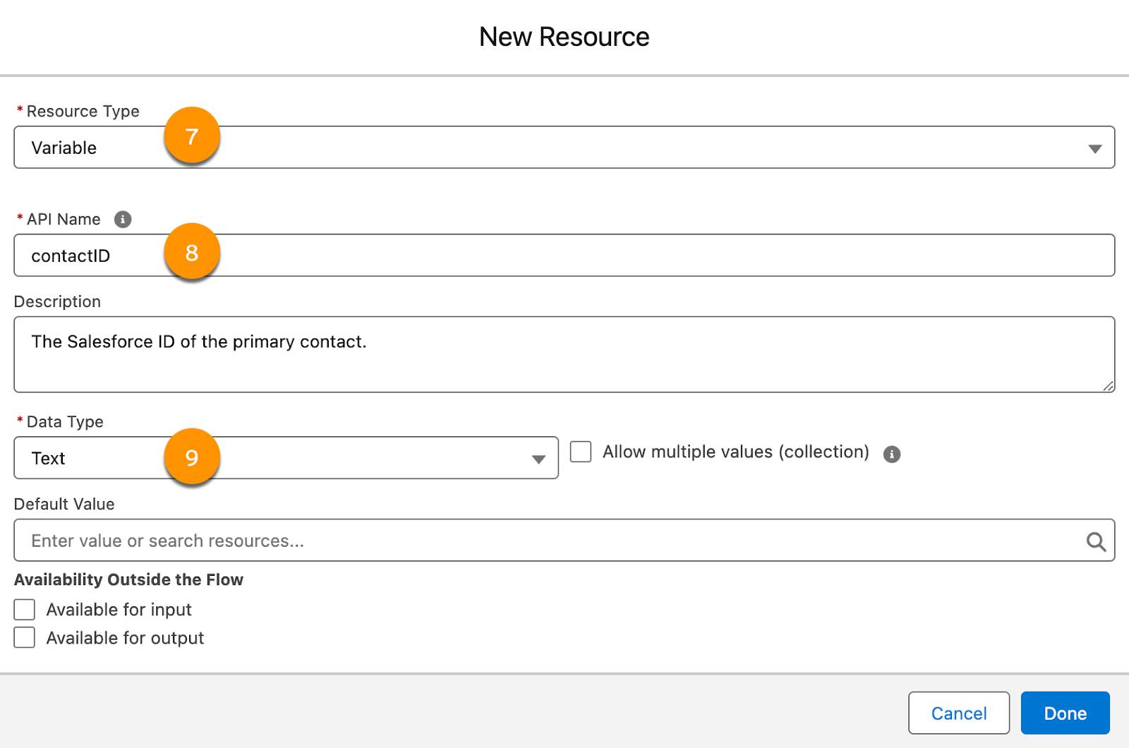 The New Resource window, with options to set the Resource Type, API Name, Description, and Data Type.