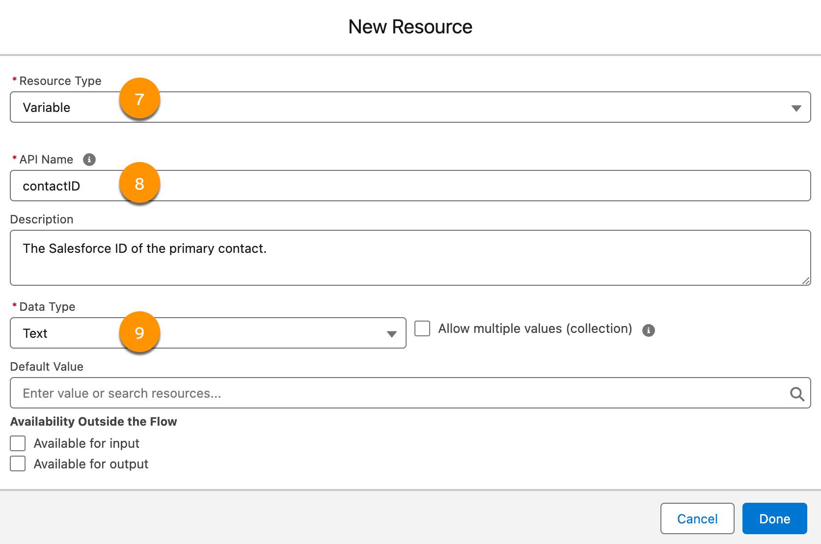 The New Resource window, with options to set the Resource Type, API Name, Description, and Data Type.