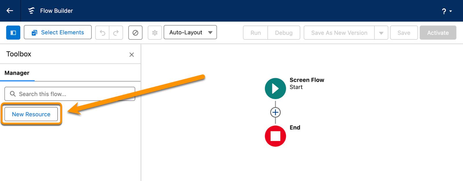 The New Resource button, under Toolbox, in Flow Builder.