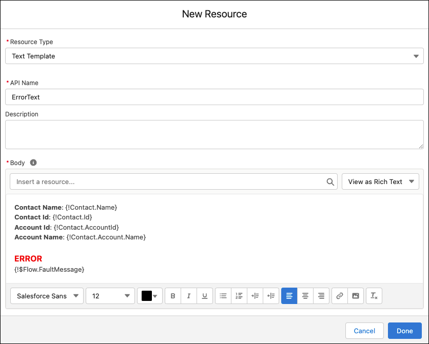 The New Resource window, showing the creation of a text template.