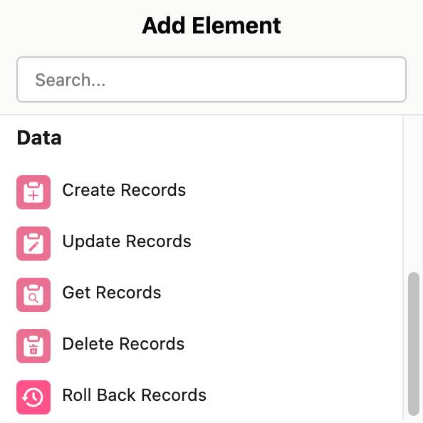 The flow elements in the Data category: Create Records, Update Records, Get Records, and Delete Records.