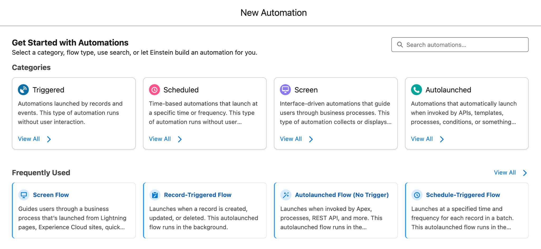 The New Automation window, showing the flow types Screen Flow, Record-Triggered Flow, Autolaunched Flow (No Trigger), and Record-Triggered Flow.