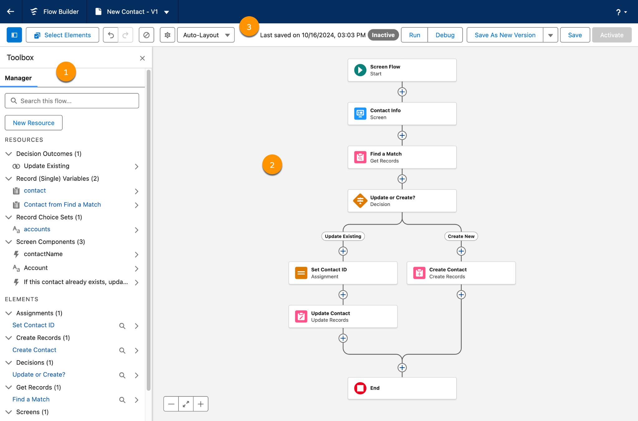 The Flow Builder user interface, showing the toolbox, canvas, and button bar.
