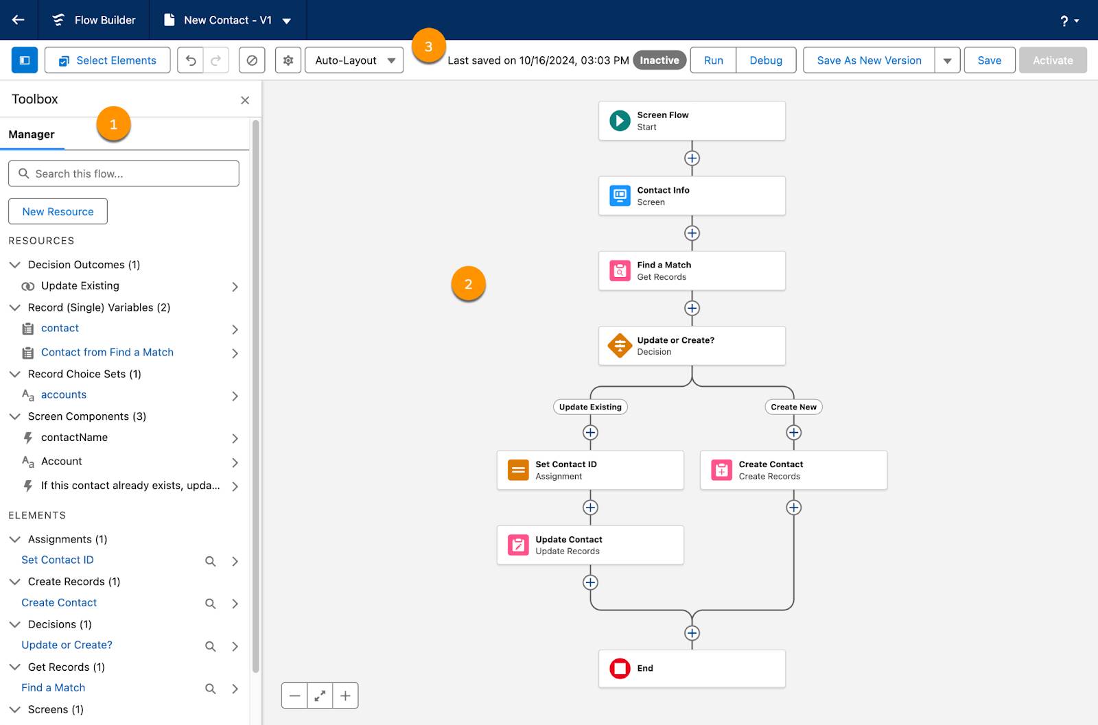La interfaz de usuario de Flow Builder, en la que se muestra la caja de herramientas, el lienzo y la barra de botones.