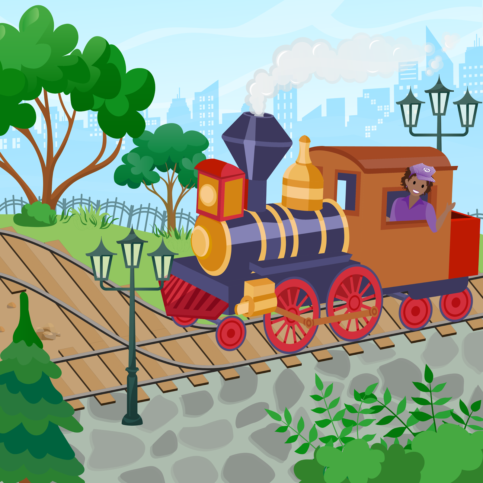 Flo Smith fährt in einer Dampflokomotive auf einer Gleisstrecke mit Abzweigungen