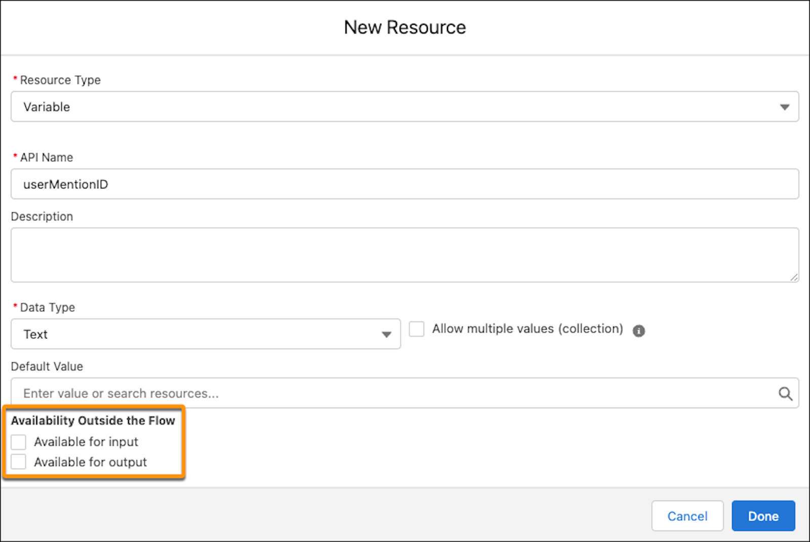 [Available for input (入力で使用可能)] と [出力で使用可能] という 2 つのオプションがある [New Resource (新規リソース)] ウィンドウの [フロー外部での可用性]。