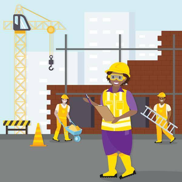 A safety inspector on a construction site, checking items on a checklist.