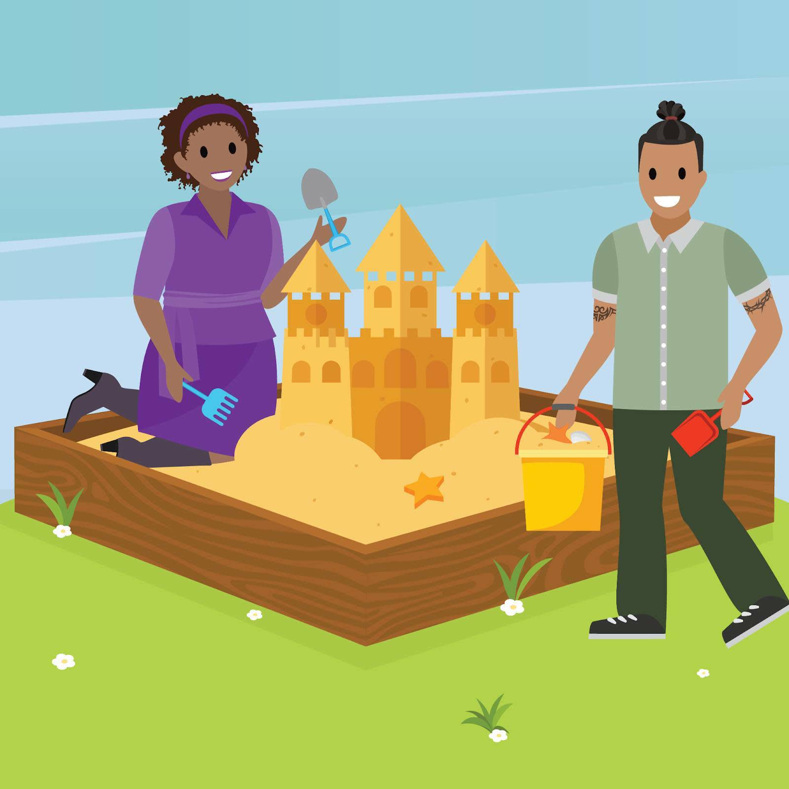 Two Salesforce admins building a sand castle in a sandbox.