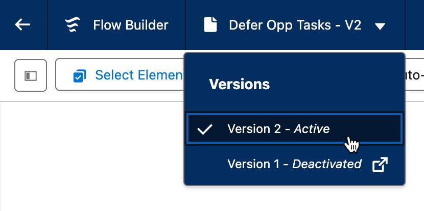 The Versions menu, displaying a list of the current flow’s versions.