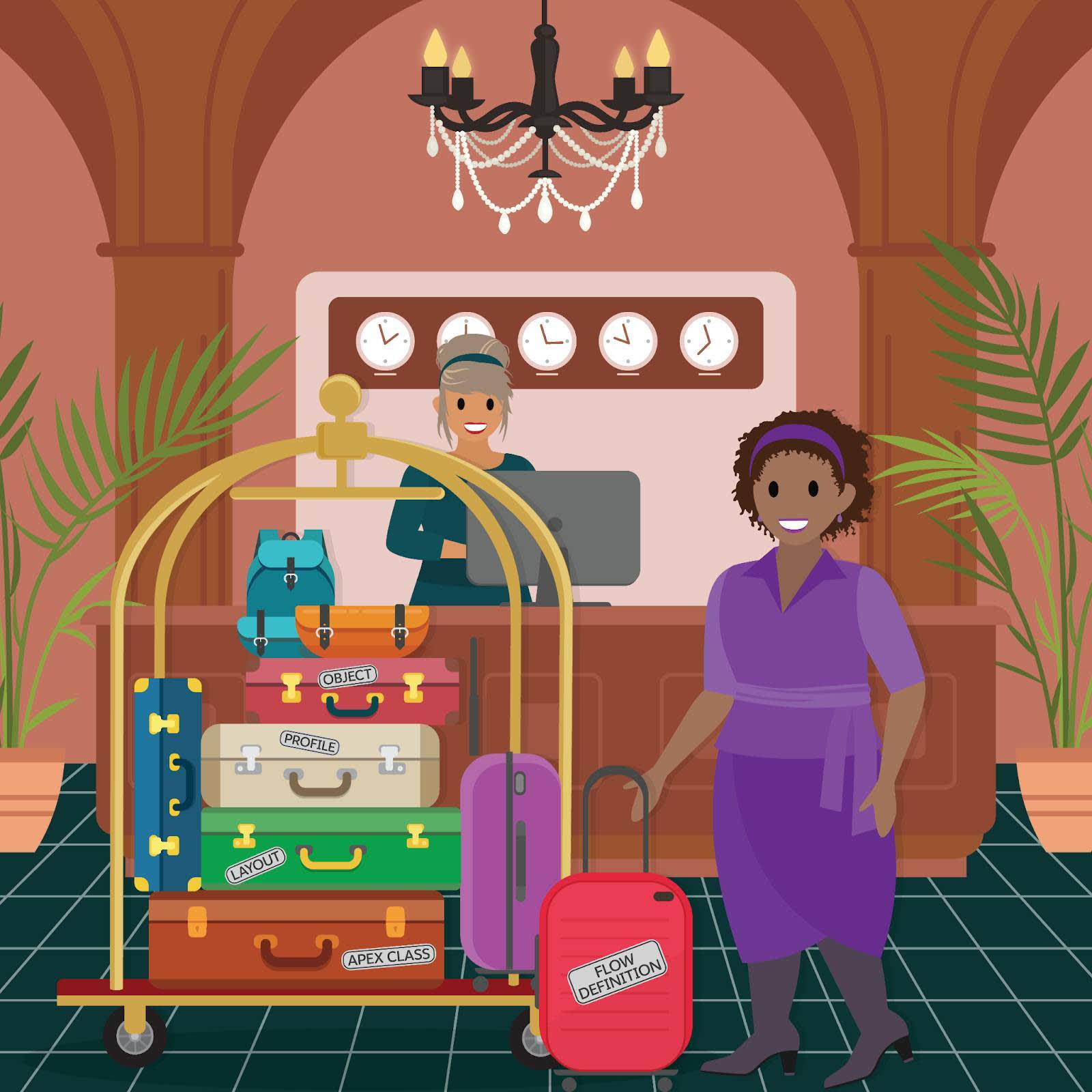 A Salesforce admin at a hotel front desk, with pieces of luggage labeled Object, Profile, Layout, Apex Class, and Flow Definition.