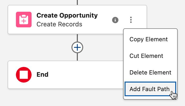 Use the Create Records element menu to Copy Element, Cut Element, Delete Element, or Add Fault Path.