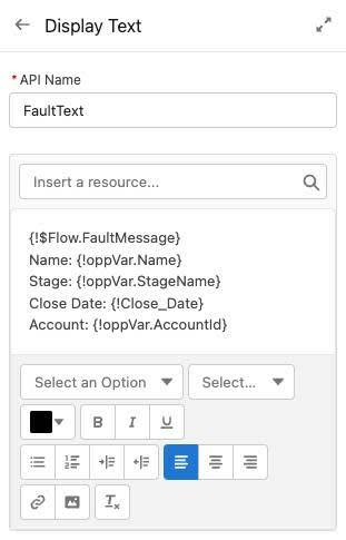 The Properties sidebar for the Display Text element corresponding to the previous step.