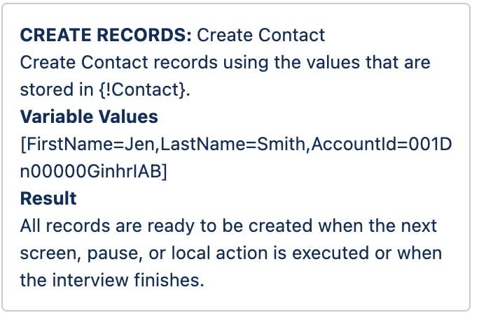 Dettagli di debug per l'elemento Create Records (Crea record) che crea un record referente utilizzando i valori della variabile contact (referente).