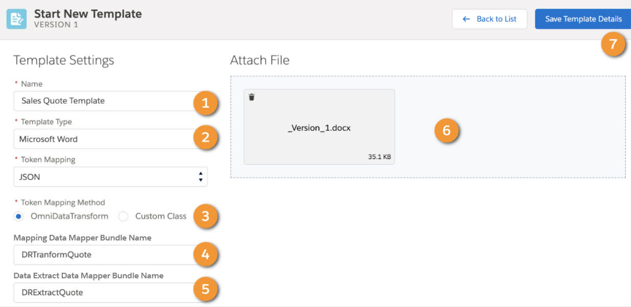 Document Template Designer UI displaying the Start New Template screen with the Template Settings and Attach File section.