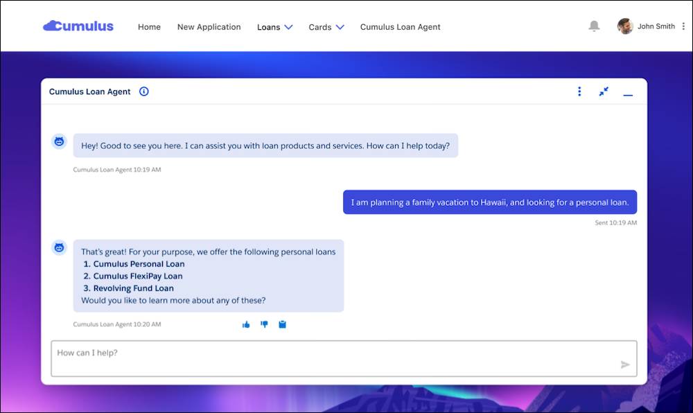 An Agentforce chat in which a customer explores personal loan options.