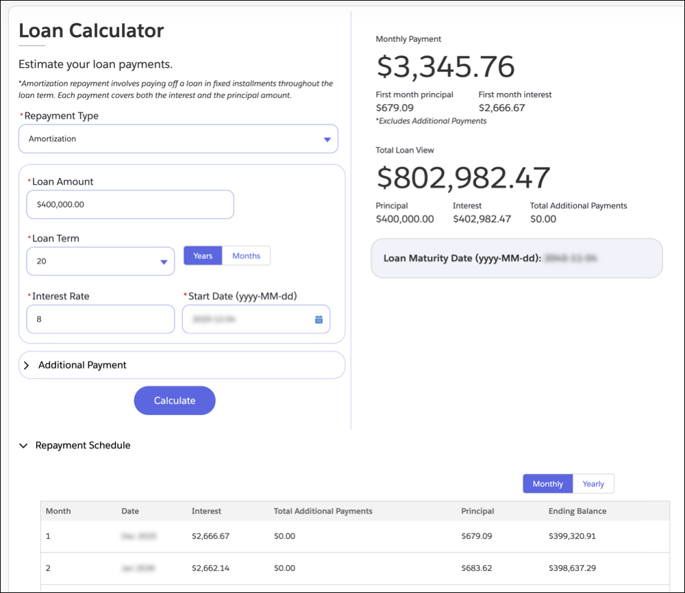 The loan calculator component determines repayment options for a large loan.