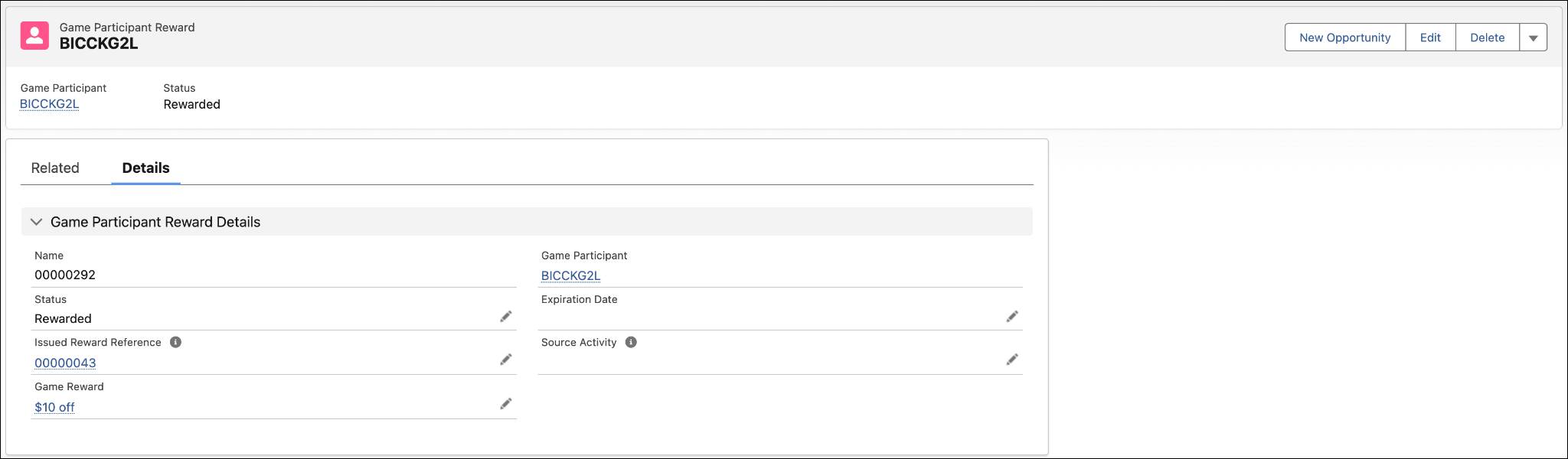 A Game Participant Reward record in the Rewarded status after the participant plays the game.