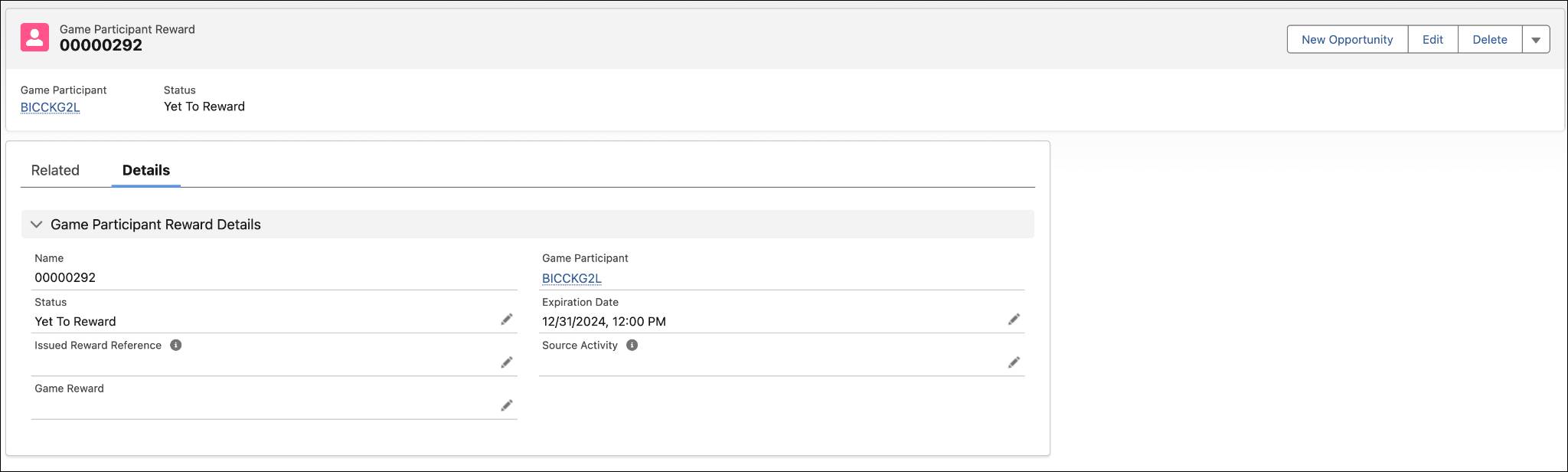 A Game Participant Reward record in the Yet To Reward status with participant details.
