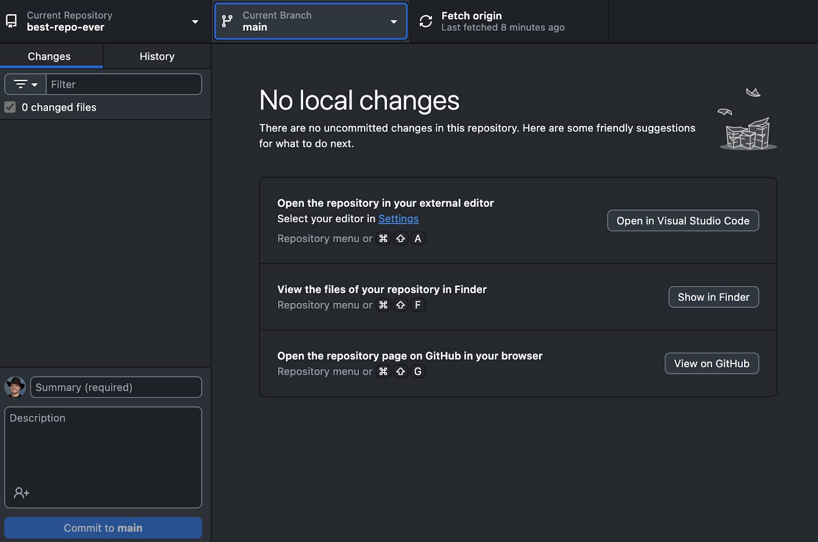 GitHub Desktop with Current Repository set to best-repo-ever and Current Branch set to main.