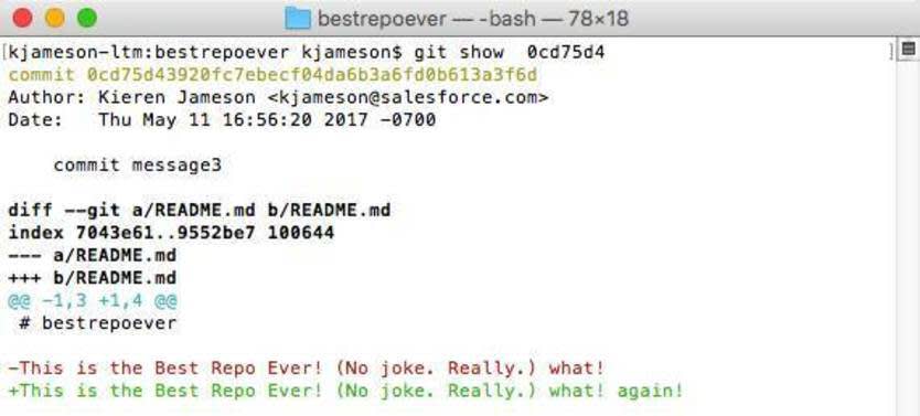 git show <SHA-1> コマンドの出力を示すスクリーンショット。